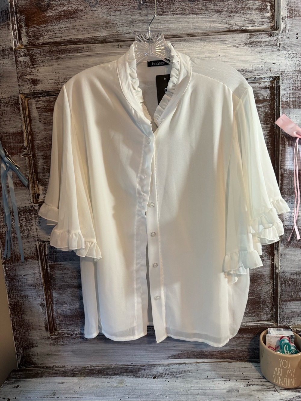 Boohoo Ivory Ruffle Sleeve Button-Up Blouse